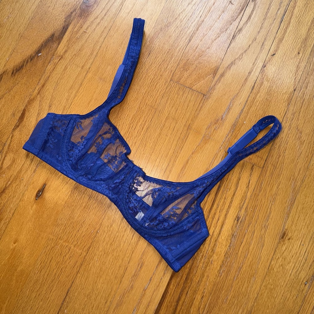 Journelle‎ Bra 32A Blue Sheer Lace Underwire Unlined Mesh Lingerie Italy Femme